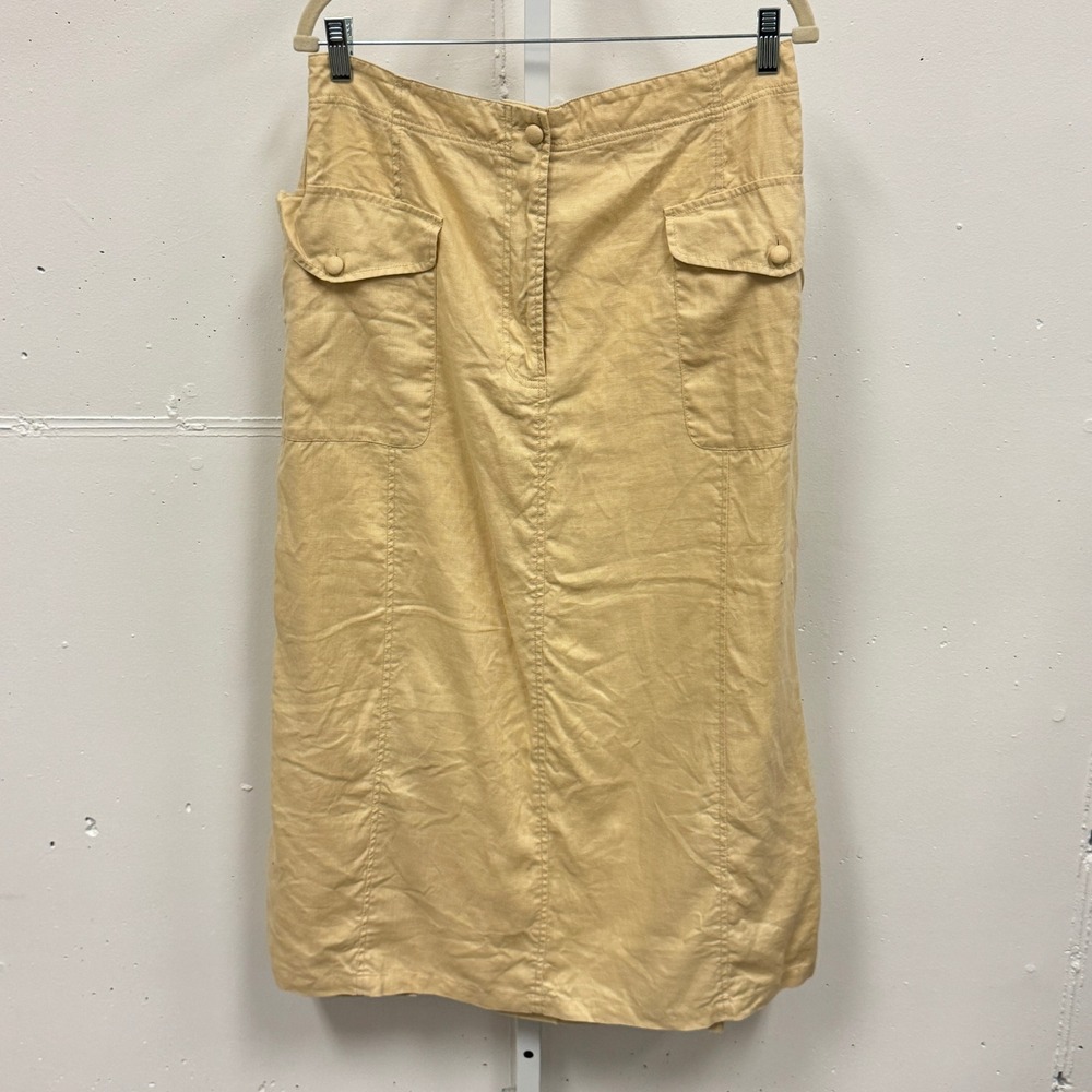 Vintage Laura Ashley Linen Midi Skirt Yellow Cargo Buttery Yellow Large Buttons